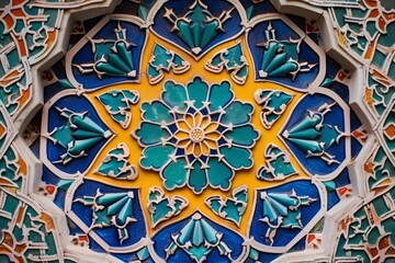 Detailed view of intricate Islamic tile design featuring vibrant colors and geometric patterns