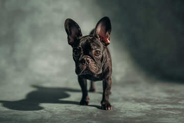 A black dog with big ears stands on a green surface, Black French Bulldog
