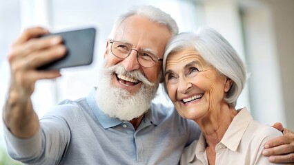 Cheerful Gray-Haired Couple Taking Selfie - Smiling Mature People Enjoying Retirement Lifestyle  - obrazy, fototapety, plakaty