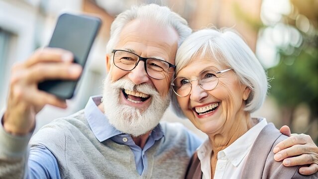 Cheerful Gray-Haired Mature Couple Taking Selfie | Active Retirees Enjoying Life
