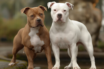Two dogs, one brown and one white, stand next to each other
