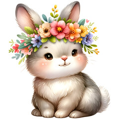Cute Floral Watercolor Easter Bunny Clipart with transparent background - 767773034