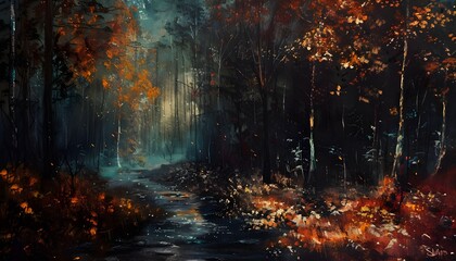 Night scene of autumn forest, landscape painting - obrazy, fototapety, plakaty