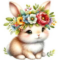 Cute Floral Watercolor Easter Bunny Clipart with transparent background - 767773070