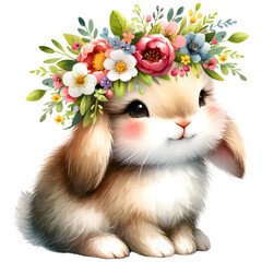 Cute Floral Watercolor Easter Bunny Clipart with transparent background - 767773096