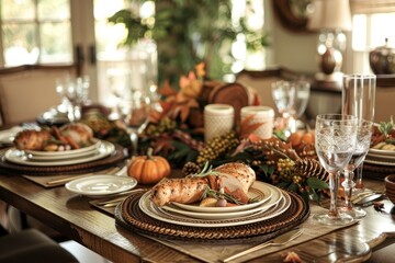 Table set for Thanksgiving dinner, featuring turkeys as the main dish surrounded by festive decorations