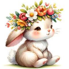 Cute Floral Watercolor Easter Bunny Clipart with transparent background - 767773098
