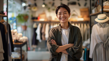 An Asian stylist stands confidently, arms crossed, outside a modern fashion store, wearing a cheerful smile.