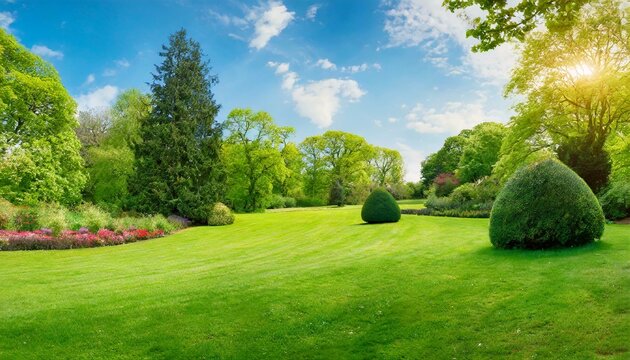 trees in the park wallpaper Beautiful wide format manicured lawn surrounded by trees and shrubs a bright summer  Spring summer nature.