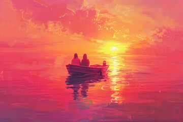 boat at sunset, water reflecting digital painting vibrant artwork illustration design