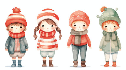 Kids Christmas Watercolor Winter Cute Flat vector 