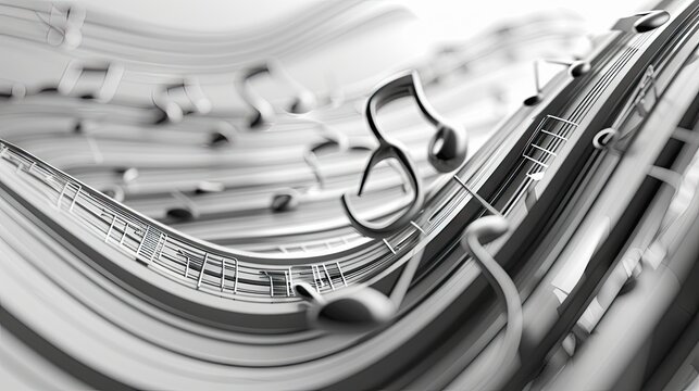 black and white image of a musical staff with notes flowing and curving in 3d 