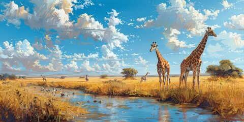 giraffes in the african savannah, Generative AI - obrazy, fototapety, plakaty