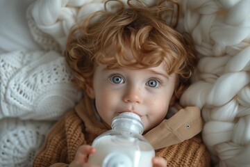 Baby sucking on a plastic bottle on bed, cheeks rosy, eyes closed in contentment - obrazy, fototapety, plakaty