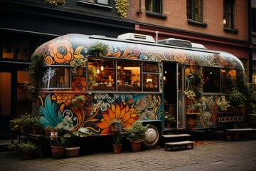 a vibrant food truck serving a diverse range of vegetarian dishes from around the world, with a...