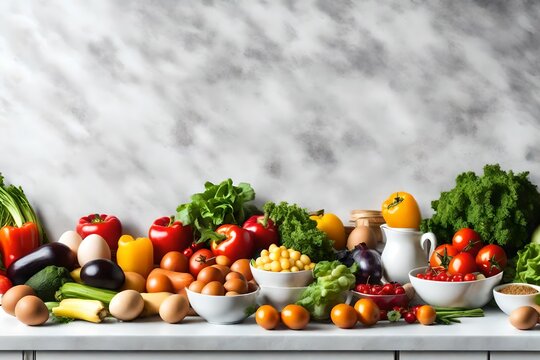 Arranged fruits vegetables and eggs on white table in kitchen healthy vegetarian food background and banner