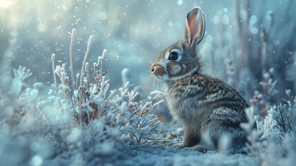 A grey rabbit with snowflakes sits among frosty plants in a chilly winter scene.