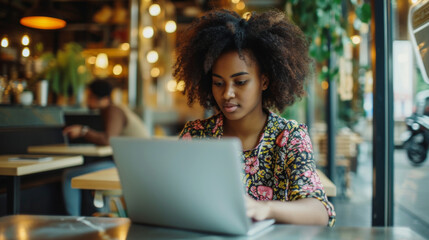 A focused young African American woman works on her laptop in a vibrant cafe, embodying modern freelance lifestyle.