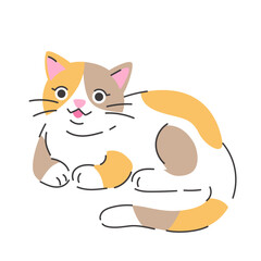 Cute comic calico cat. Hand drawn vector illustration. Funny pet character card template. Isolated on white. - 767775025