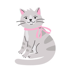 Cute comic grey tabby cat with pink bow. Hand drawn vector illustration. Funny pet character card template. Isolated on white. - 767775028