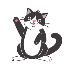 Cute comic black and white cat. Hand drawn vector illustration. Funny pet character card template. Isolated on white. - 767775036