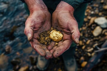 Person Holding a Shiny Gold Nugget While Panning in a Rocky Stream - obrazy, fototapety, plakaty