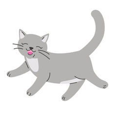Cute comic grey cat. Hand drawn vector illustration. Funny pet character card template. Isolated on white. - 767775068