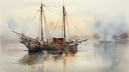 Fototapeta premium Discover the tranquility of misty waters with a lone fishing boat depicted in a mesmerizing watercolor illustration, set against the backdrop of majestic, snow-capped mountains at dusk.