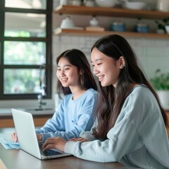 Two young women are smiling and using a laptop in a bright kitchen