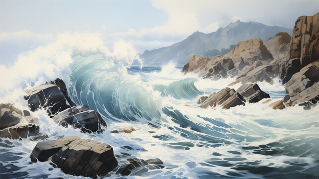 In a stunning watercolor portrayal, vibrant ocean waves crash energetically onto the rocky shoreline against a backdrop of clear skies.