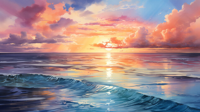 Experience the breathtaking allure of rolling ocean waves in a watercolor illustration set against a spectacular sunset sky, vividly painted with an array of captivating colors.