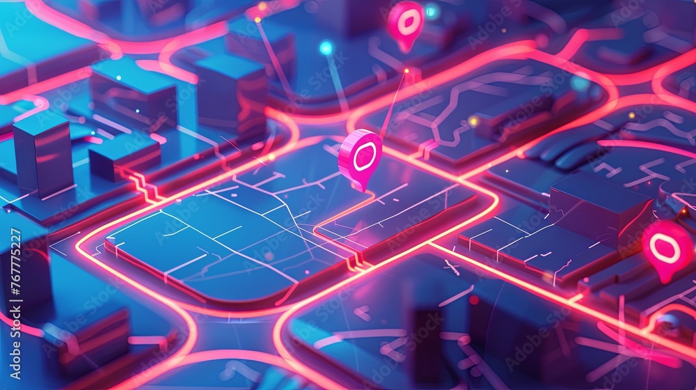 Poster a highly detailed 3d illustration presents a futuristic gps navigation system with glowing routes an