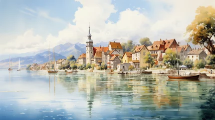 Foto op Canvas Watercolor painting of a coastal village with a sailboat anchored in the calm bay, flanked by the warm colors of autumn trees and historic architecture. © NaphakStudio