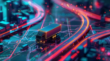 An illustration depicting a futuristic autonomous truck driving along the vibrant, neon-lit highways of a smart, connected city. Autonomous Truck Navigating Smart City Highways

