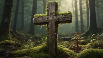 Discover the spiritual resonance of the cotton cross, enshrouded in moss, echoing with the whispers of the ancient forest.