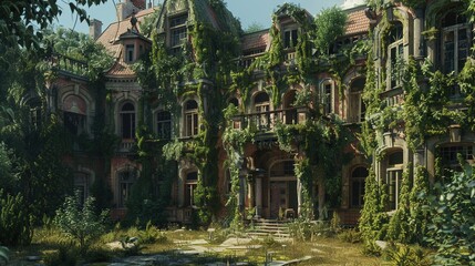 A crumbling mansion's exterior, overgrown with ivy, its grandeur fading but still hinting at its former opulence.