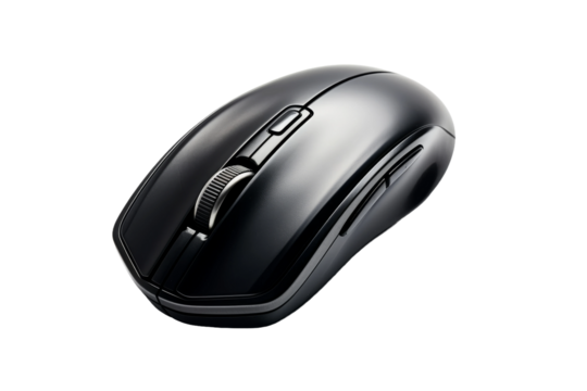 Midnight Elegance: A Sleek Black Computer Mouse on a Minimalist White Canvas. On a White or Clear Surface PNG Transparent Background.