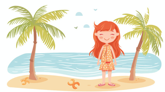 Little red-haired girl cute child standing on tropical beach 