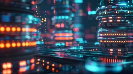 Obraz premium Futuristic technology background, database storage, cloud computing concept. Neon glowing light