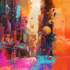 An abstract high-resolution painting capturing the chaos and beauty of urban decay in vibrant colors