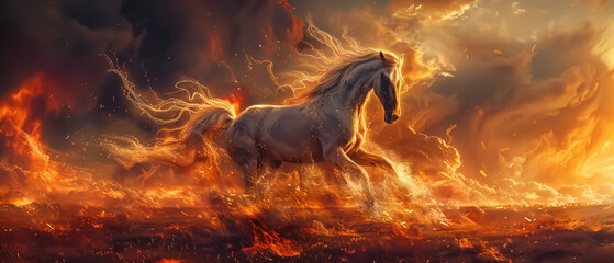 An ethereal digital painting of a majestic stallion rearing in a fiery landscape detailed muscles and mane highlighted against the dramatic sky