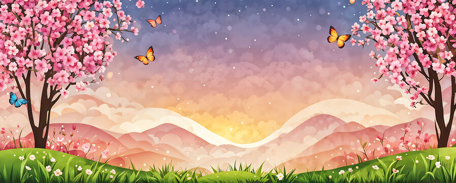 landscape abstract painting of a green grass meadow. pink and white flowers blossom trees in full bloom.  background pink hills and sky with butterfly.