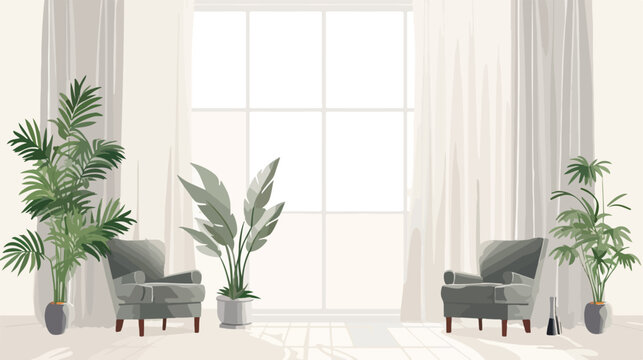 Modern empty room with curtains and plants in pots 