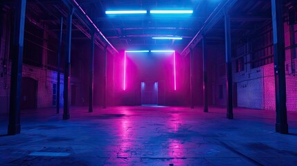 Dark large warehouse turned TV studio, cool Neon blue and pink light   - obrazy, fototapety, plakaty