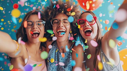 Joyful smiling woman enjoying party. Multicolored confetti. Joy of life and pleasant moments. - obrazy, fototapety, plakaty