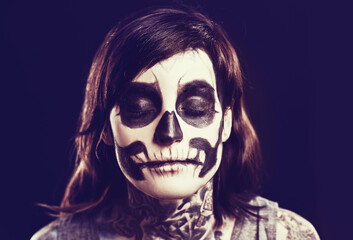 Skull, makeup and face of woman on black background for festival, Halloween and day of the dead....