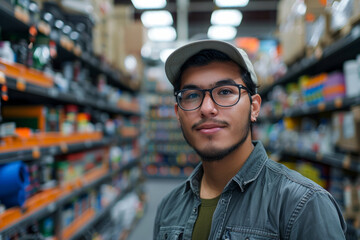 A man wearing a hat and glasses stands in a store aisle. He is smiling and looking at the camera. Young latin man working in hardware store