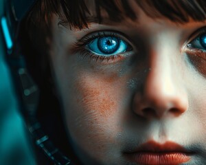 Close-up of a young boy with blue eyes sci-fi setting