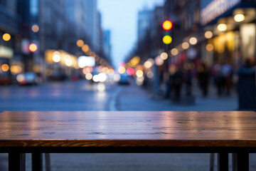 A wooden table with a blurred city street in the background. High quality photo