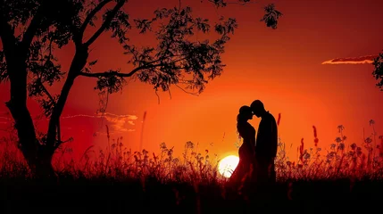 Ingelijste posters A romantic couple's silhouette against the setting sun. © HillTract
